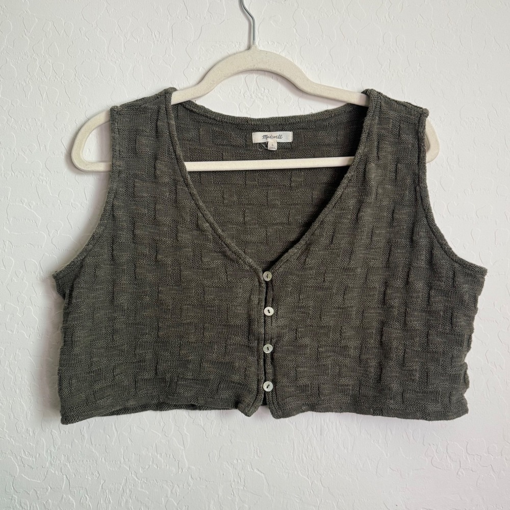 Madewell Olive Green Textured Basketweave Cropped‎ Sweater Vest Womens L Boho